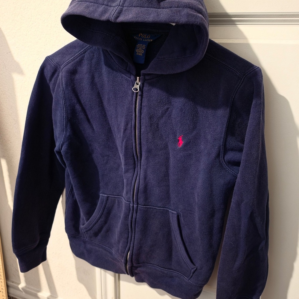 Polo Ralph Lauren Boys Navy Blue Full Zip Hoodie Red Pony Size M 10-12